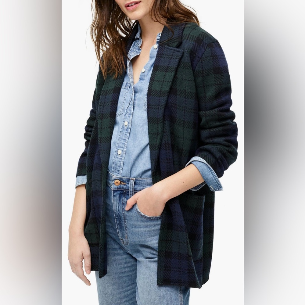 NWT J. Crew Sophie Black Watch Plaid Navy Green Sweater Cardigan
